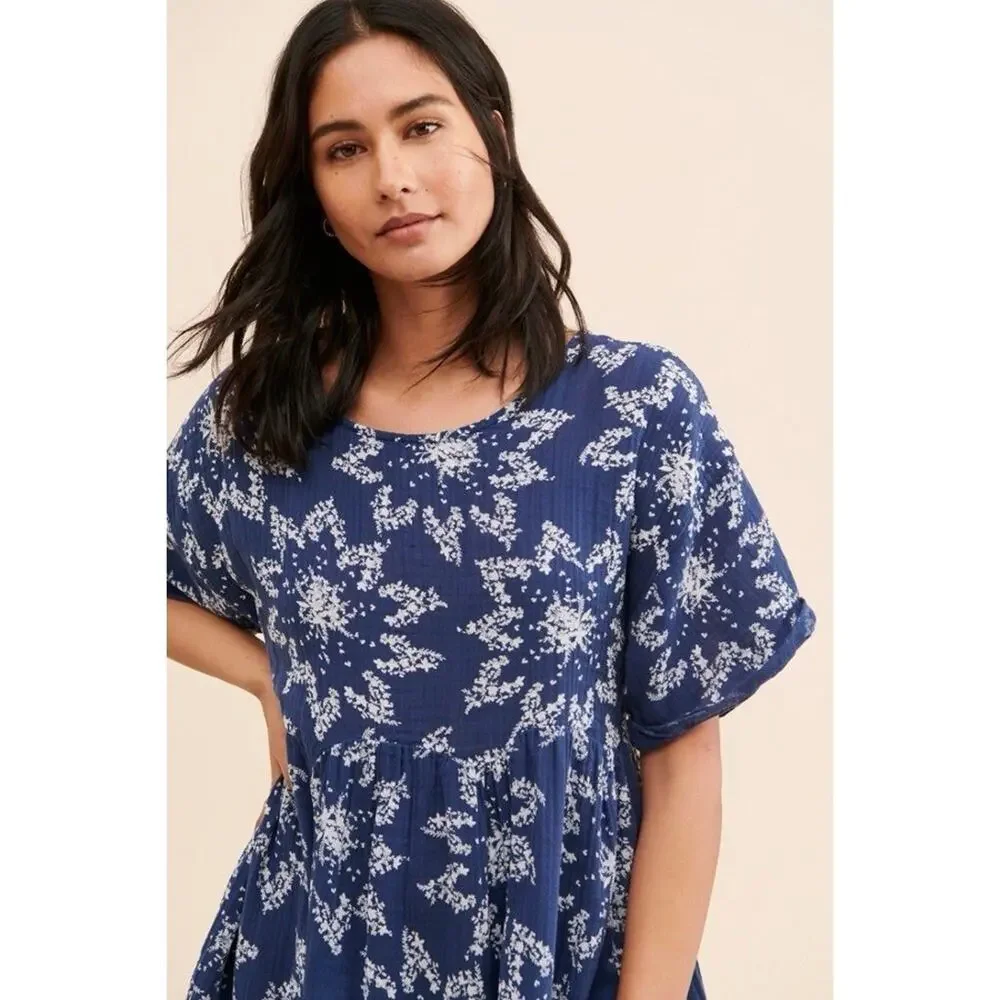 Free People Belezza Babydoll Floral Printed Blue Cotton Mini Dress Large